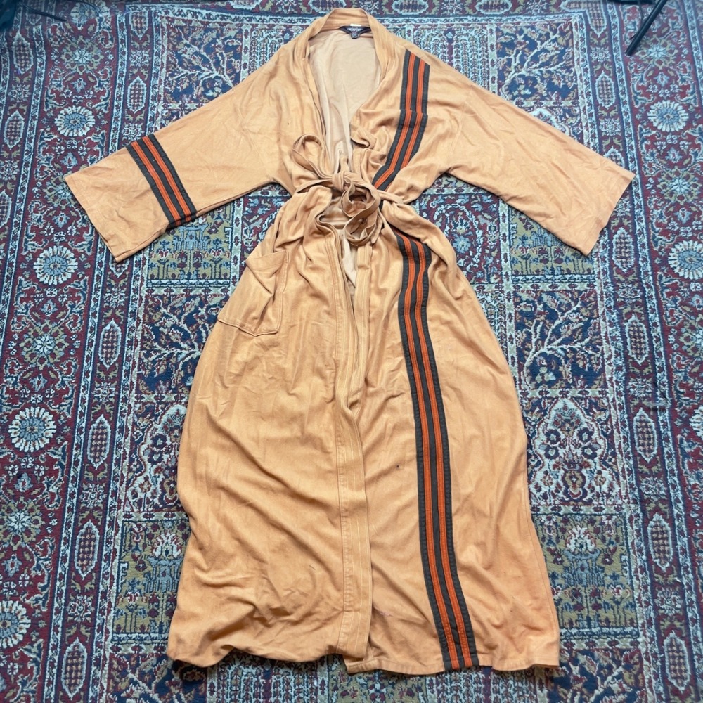 VTG 70s Kingsport Orange Robe Racing Stripe Velour Moleskin Velvet‎ Brown L USA